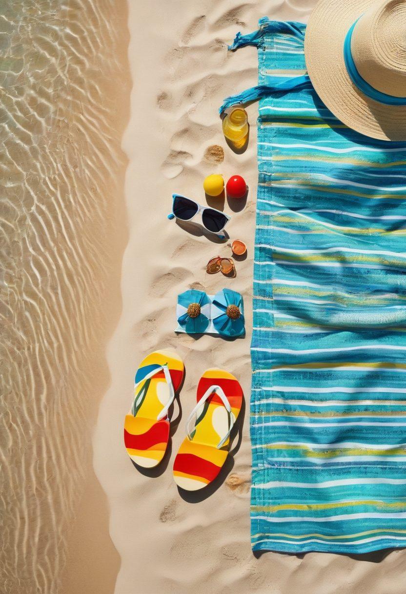 A vibrant beach scene featuring colorful beachwear like bikinis, swim trunks, and sunglasses laid out on a sandy beach. Accessories such as beach towels, sun hats, and sunscreen scattered around, with a clear blue sky and the sparkling ocean in the background. A few playful beach balls and flip-flops to enhance the summery vibe. super-realistic. vibrant colors. sunny atmosphere.